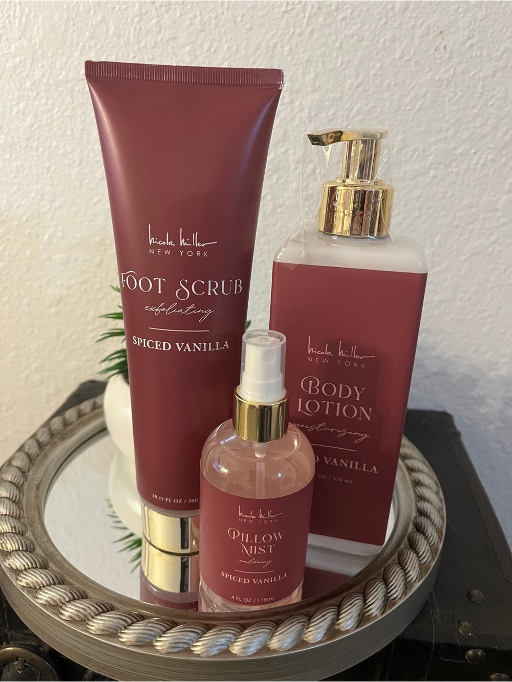 Nicole Miller Spiced Vanilla Body Lotion, Foot Scrub & Pillow Mist - Burgundy